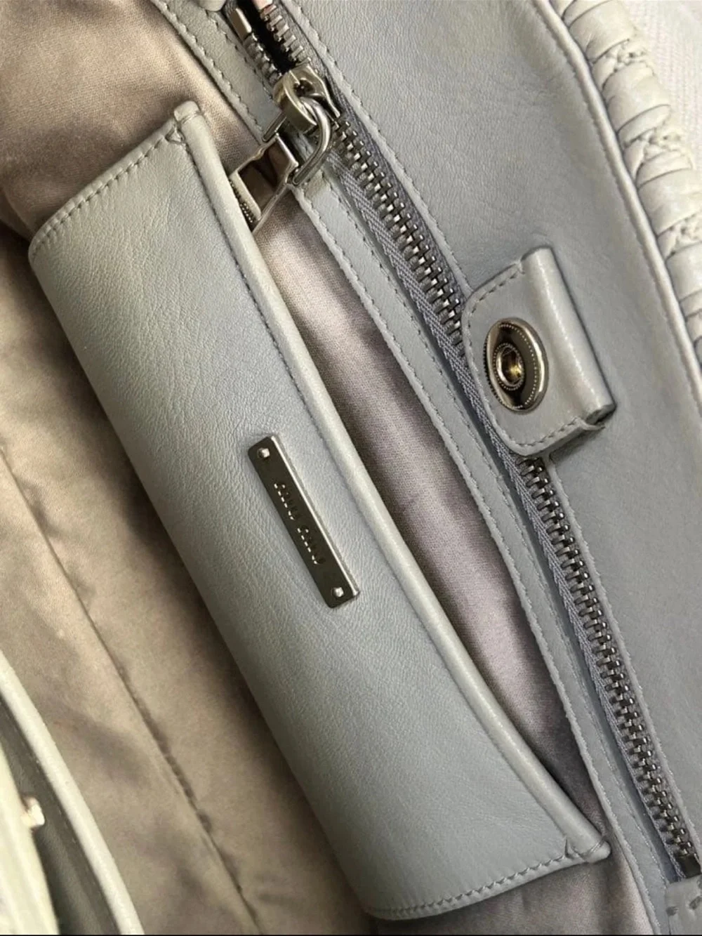 Miu Miu Quilted Gray Ruched Leather Satchel with Crystal Chain